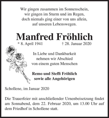 Traueranzeige von Manfred Fröhlich  von Magdeburger Volksstimme