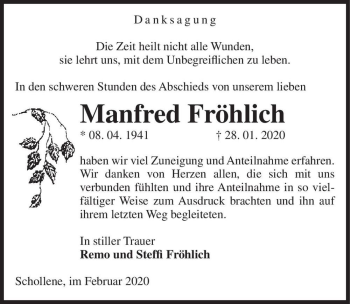 Traueranzeige von Manfred Fröhlich  von Magdeburger Volksstimme