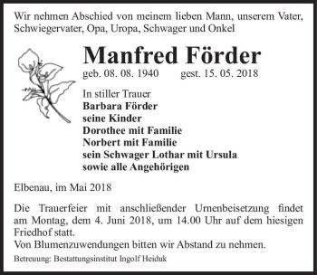 Traueranzeige von Manfred Förder  von Magdeburger Volksstimme