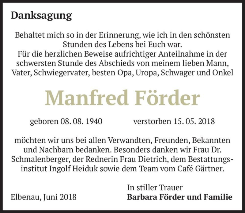  Traueranzeige für Manfred Förder  vom 16.06.2018 aus Magdeburger Volksstimme