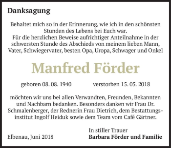 Traueranzeige von Manfred Förder  von Magdeburger Volksstimme