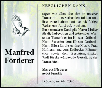 Traueranzeige von Manfred Förderer  von Magdeburger Volksstimme