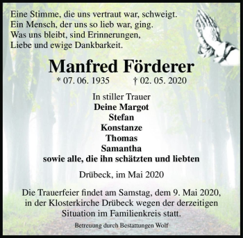 Traueranzeige von Manfred Förderer  von Magdeburger Volksstimme