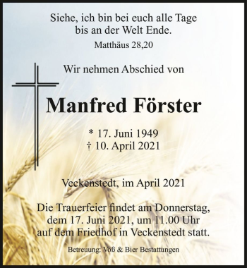 Traueranzeige von Manfred Förster  von Magdeburger Volksstimme