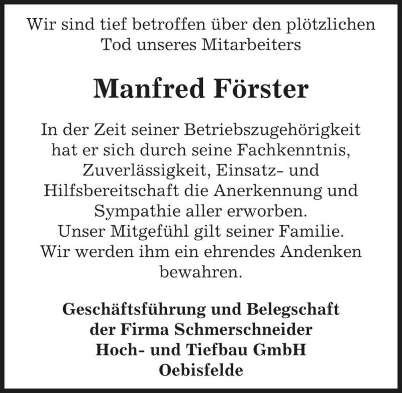  Traueranzeige für Manfred Förster  vom 18.01.2017 aus Magdeburger Volksstimme