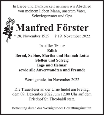 Traueranzeige von Manfred Förster  von Magdeburger Volksstimme