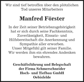 Traueranzeige von Manfred Förster  von Magdeburger Volksstimme