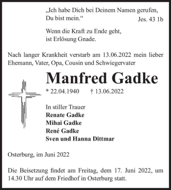 Traueranzeige von Manfred Gadke  von Magdeburger Volksstimme