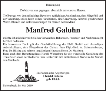 Traueranzeige von Manfred Galuhn  von Magdeburger Volksstimme