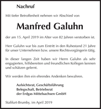 Traueranzeige von Manfred Galuhn  von Magdeburger Volksstimme