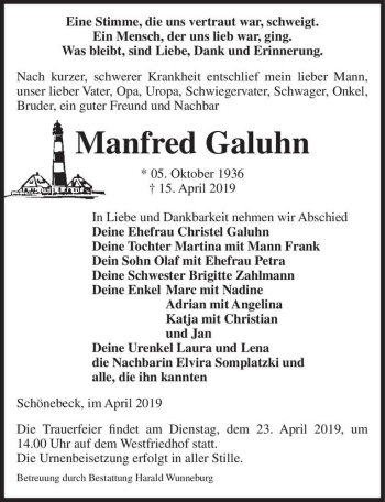Traueranzeige von Manfred Galuhn  von Magdeburger Volksstimme