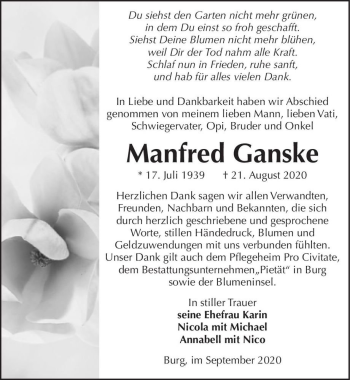 Traueranzeige von Manfred Ganske  von Magdeburger Volksstimme