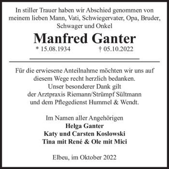 Traueranzeige von Manfred Ganter  von Magdeburger Volksstimme