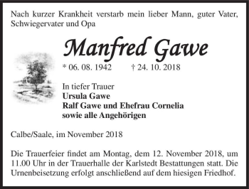 Traueranzeige von Manfred Gawe  von Magdeburger Volksstimme
