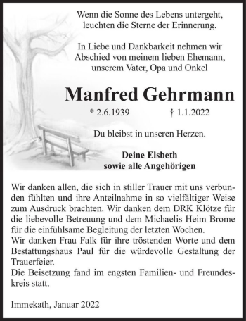 Traueranzeige von Manfred Gehrmann  von Magdeburger Volksstimme