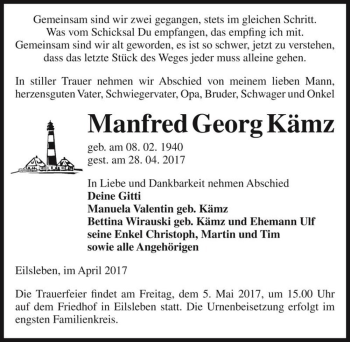 Traueranzeige von Manfred Georg Kämz  von Magdeburger Volksstimme