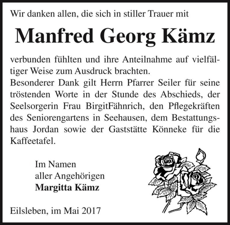  Traueranzeige für Manfred Georg Kämz  vom 20.05.2017 aus Magdeburger Volksstimme