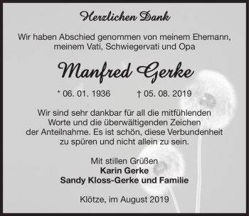 Traueranzeige von Manfred Gerke  von Magdeburger Volksstimme