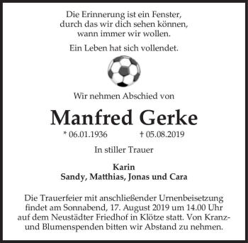 Traueranzeige von Manfred Gerke  von Magdeburger Volksstimme