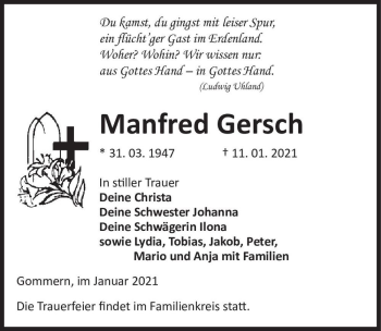 Traueranzeige von Manfred Gersch  von Magdeburger Volksstimme