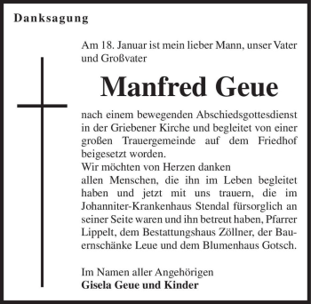 Traueranzeige von Manfred Geue  von Magdeburger Volksstimme