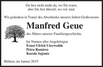 Traueranzeige von Manfred Geue  von Magdeburger Volksstimme