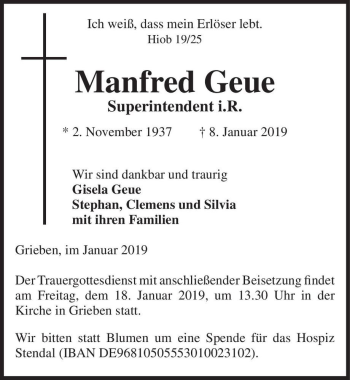 Traueranzeige von Manfred Geue  von Magdeburger Volksstimme