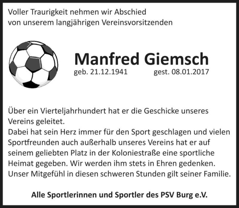  Traueranzeige für Manfred Giemsch  vom 28.01.2017 aus Magdeburger Volksstimme
