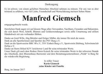 Traueranzeige von Manfred Giemsch  von Magdeburger Volksstimme