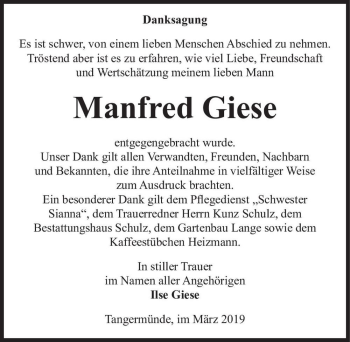 Traueranzeige von Manfred Giese  von Magdeburger Volksstimme