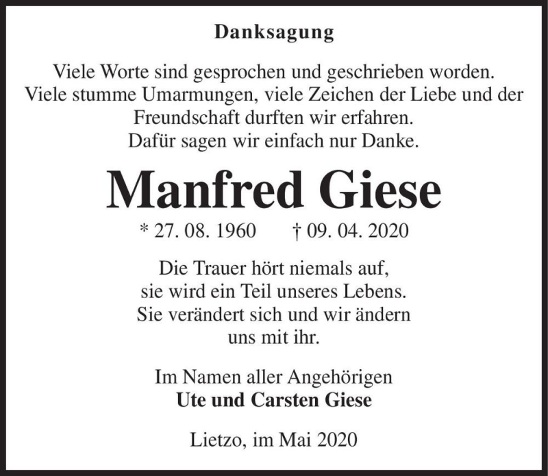  Traueranzeige für Manfred Giese  vom 09.05.2020 aus Magdeburger Volksstimme