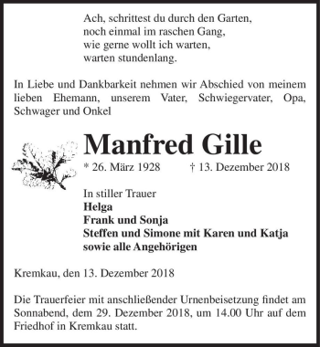 Traueranzeige von Manfred Gille  von Magdeburger Volksstimme