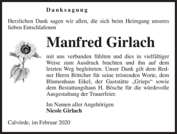Traueranzeige von Manfred Girlach  von Magdeburger Volksstimme