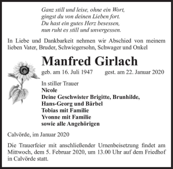 Traueranzeige von Manfred Girlach  von Magdeburger Volksstimme