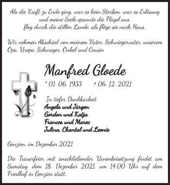 Traueranzeige von Manfred Gloede  von Magdeburger Volksstimme