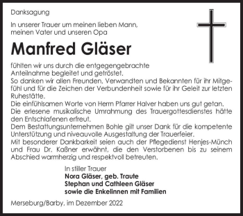 Traueranzeige von Manfred Gläser  von Magdeburger Volksstimme