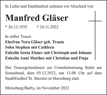 Traueranzeige von Manfred Gläser  von Magdeburger Volksstimme