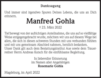 Traueranzeige von Manfred Gohla  von Magdeburger Volksstimme