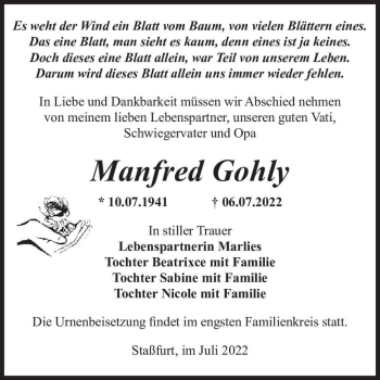 Traueranzeige von Manfred Gohly  von Magdeburger Volksstimme