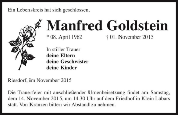 Traueranzeige von Manfred Goldstein  von Magdeburger Volksstimme