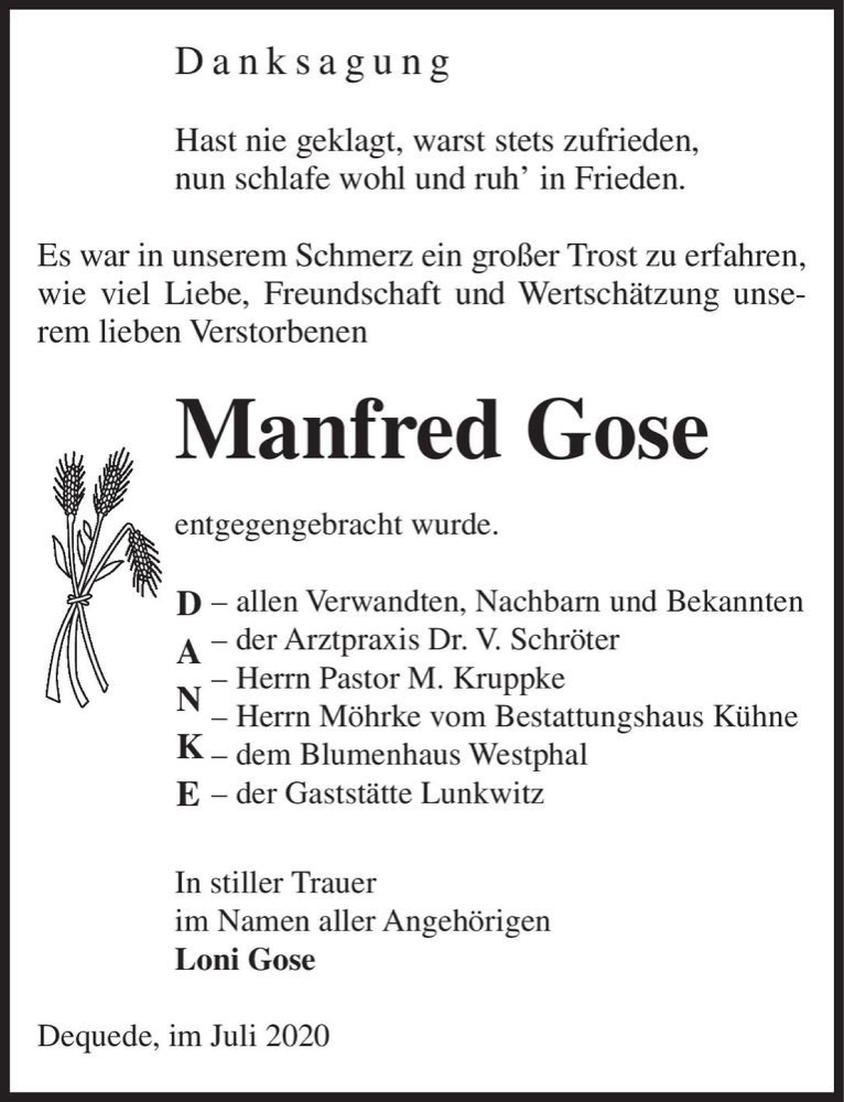  Traueranzeige für Manfred Gose  vom 18.07.2020 aus Magdeburger Volksstimme