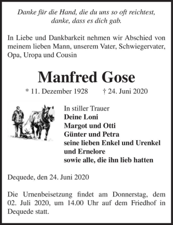 Traueranzeige von Manfred Gose  von Magdeburger Volksstimme