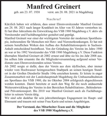 Traueranzeige von Manfred Greinert  von Magdeburger Volksstimme