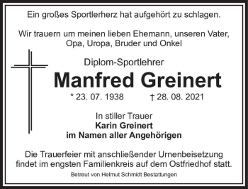 Traueranzeige von Manfred Greinert  von Magdeburger Volksstimme