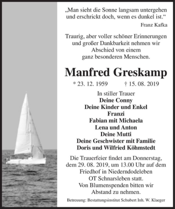 Traueranzeige von Manfred Greskamp  von Magdeburger Volksstimme