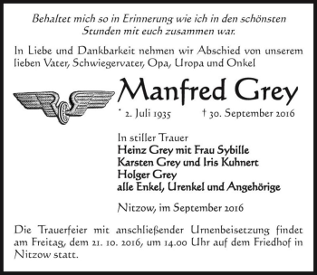 Traueranzeige von Manfred Grey  von Magdeburger Volksstimme