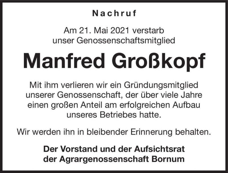  Traueranzeige für Manfred Großkopf  vom 26.06.2021 aus Magdeburger Volksstimme
