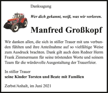 Traueranzeige von Manfred Großkopf  von Magdeburger Volksstimme