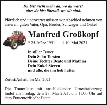 Traueranzeige von Manfred Großkopf  von Magdeburger Volksstimme