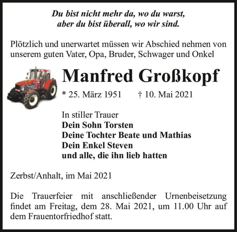  Traueranzeige für Manfred Großkopf  vom 15.05.2021 aus Magdeburger Volksstimme